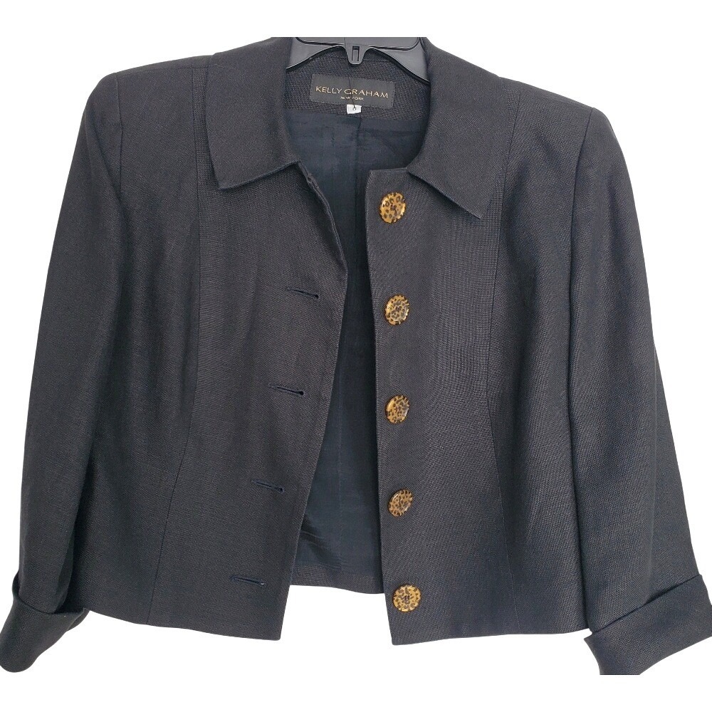 Kelly Graham Black Linen Boxy Crop Blazer‎ Dramatic Leopard Print Buttons SZ:8